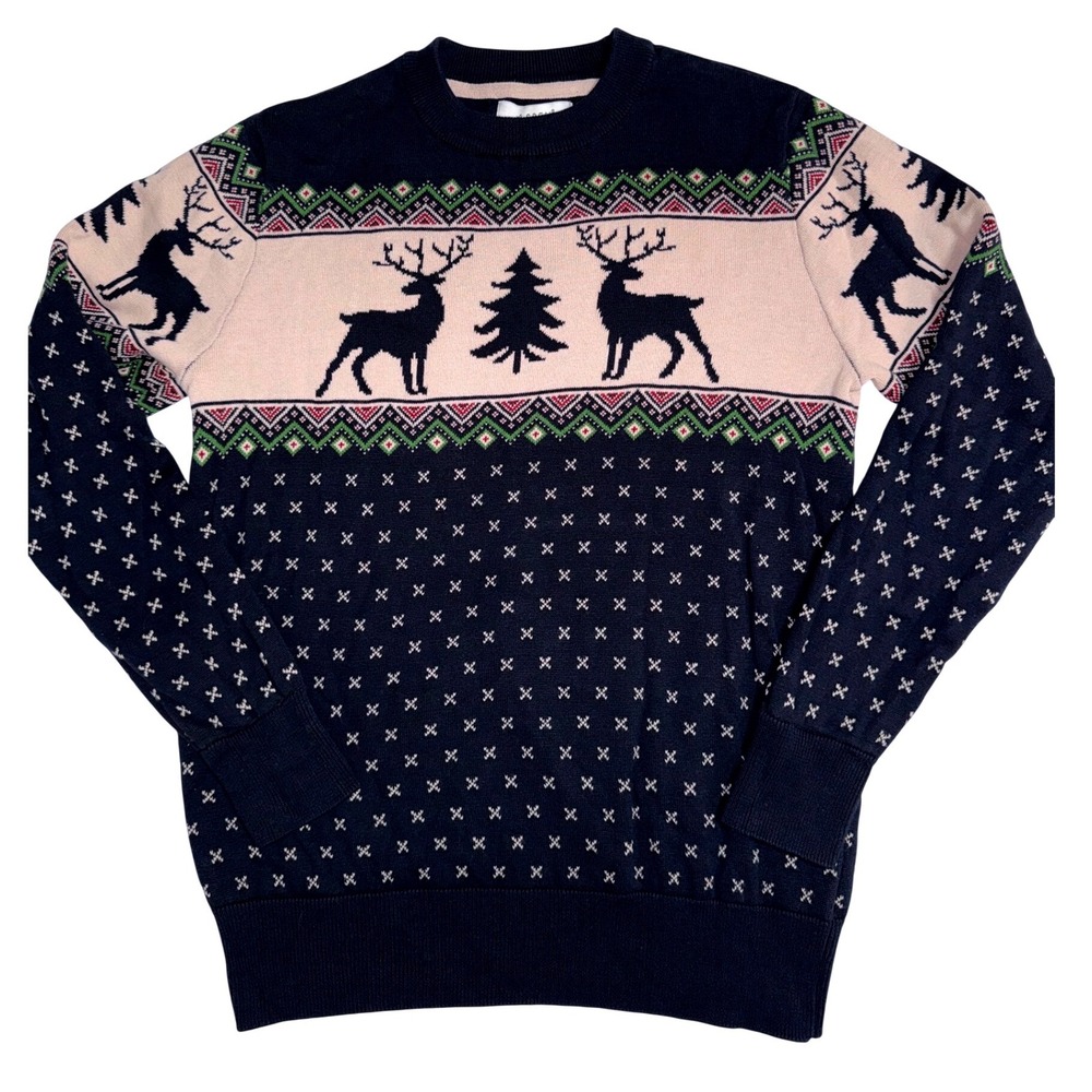 Aspen Mens Reindeer Fair Isle Cotton Crewneck Sweater Navy Blue Cream Size M